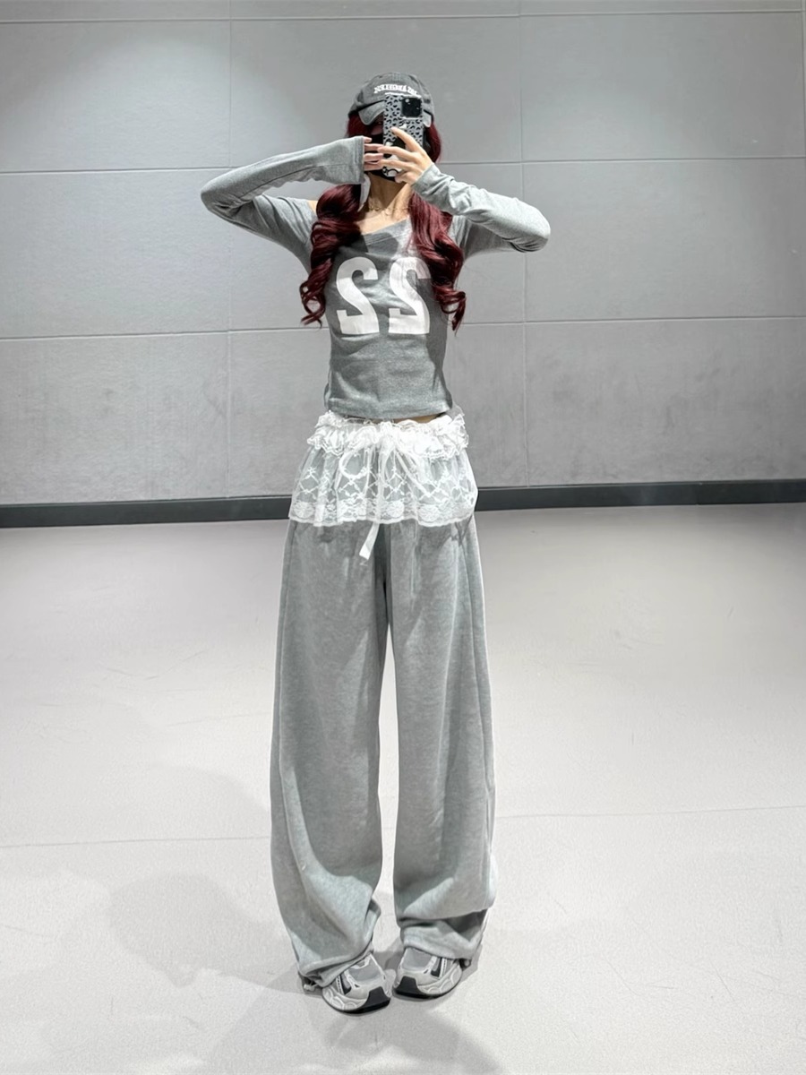 Off-Shoulder Letter Print Top with Slanted Shoulder and Lace Detail + Gray Jazz Dance Long Pants for Women Off-Shoulder Letter Print Top with Slanted Shoulder and Lace Detail + Gray Jazz Dance Long Pants for Women
