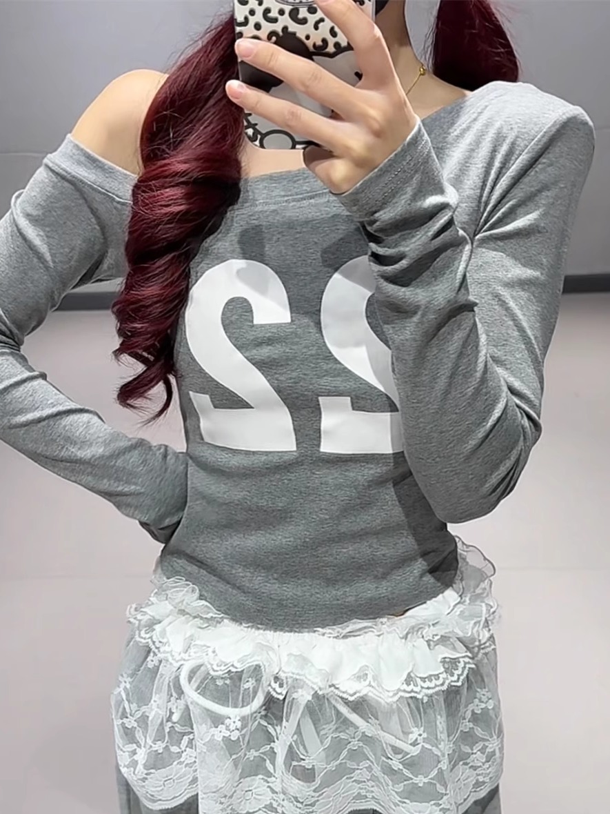 Off-Shoulder Letter Print Top with Slanted Shoulder and Lace Detail + Gray Jazz Dance Long Pants for Women Off-Shoulder Letter Print Top with Slanted Shoulder and Lace Detail + Gray Jazz Dance Long Pants for Women
