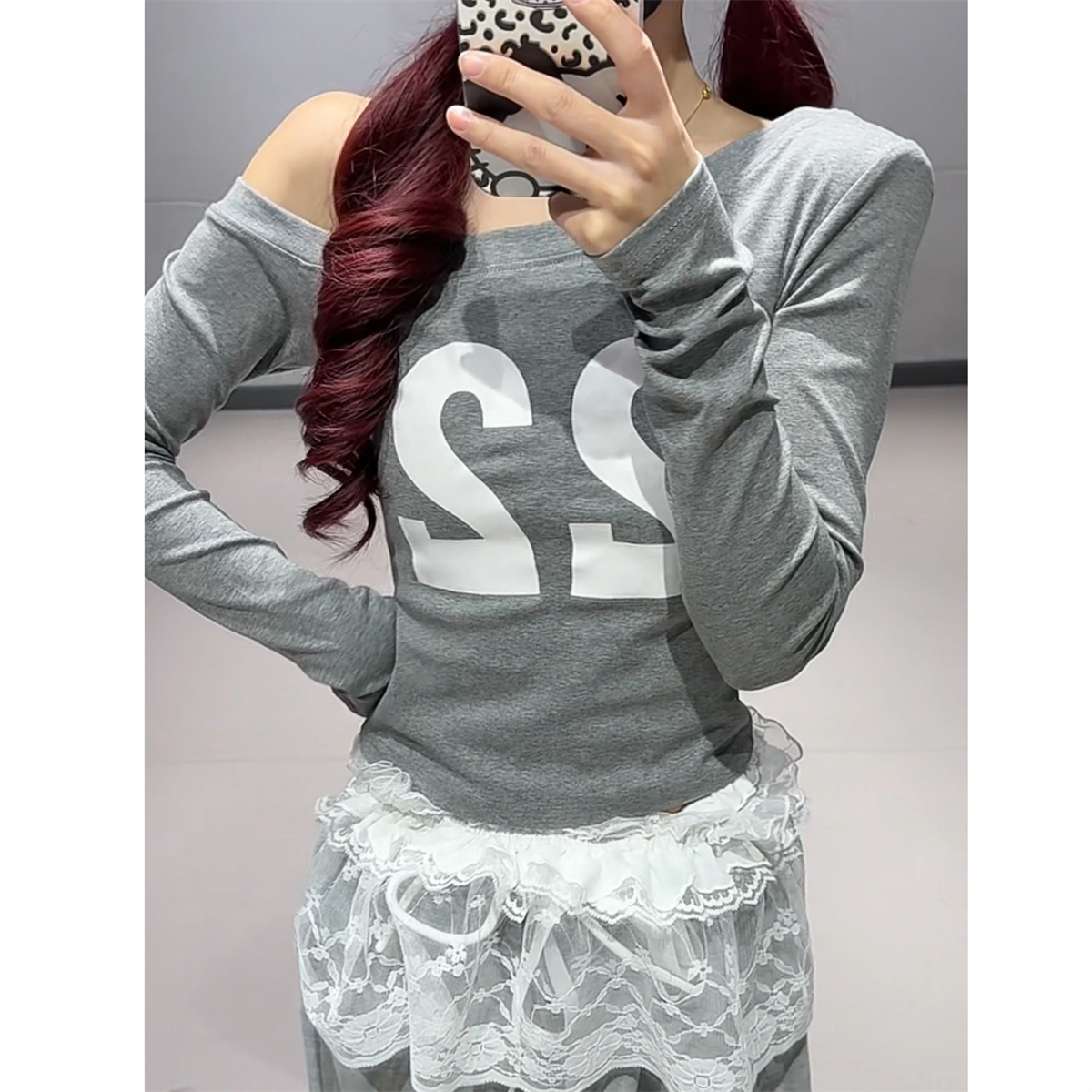 Off-Shoulder Letter Print Top with Slanted Shoulder and Lace Detail + Gray Jazz Dance Long Pants for Women Off-Shoulder Letter Print Top with Slanted Shoulder and Lace Detail + Gray Jazz Dance Long Pants for Women