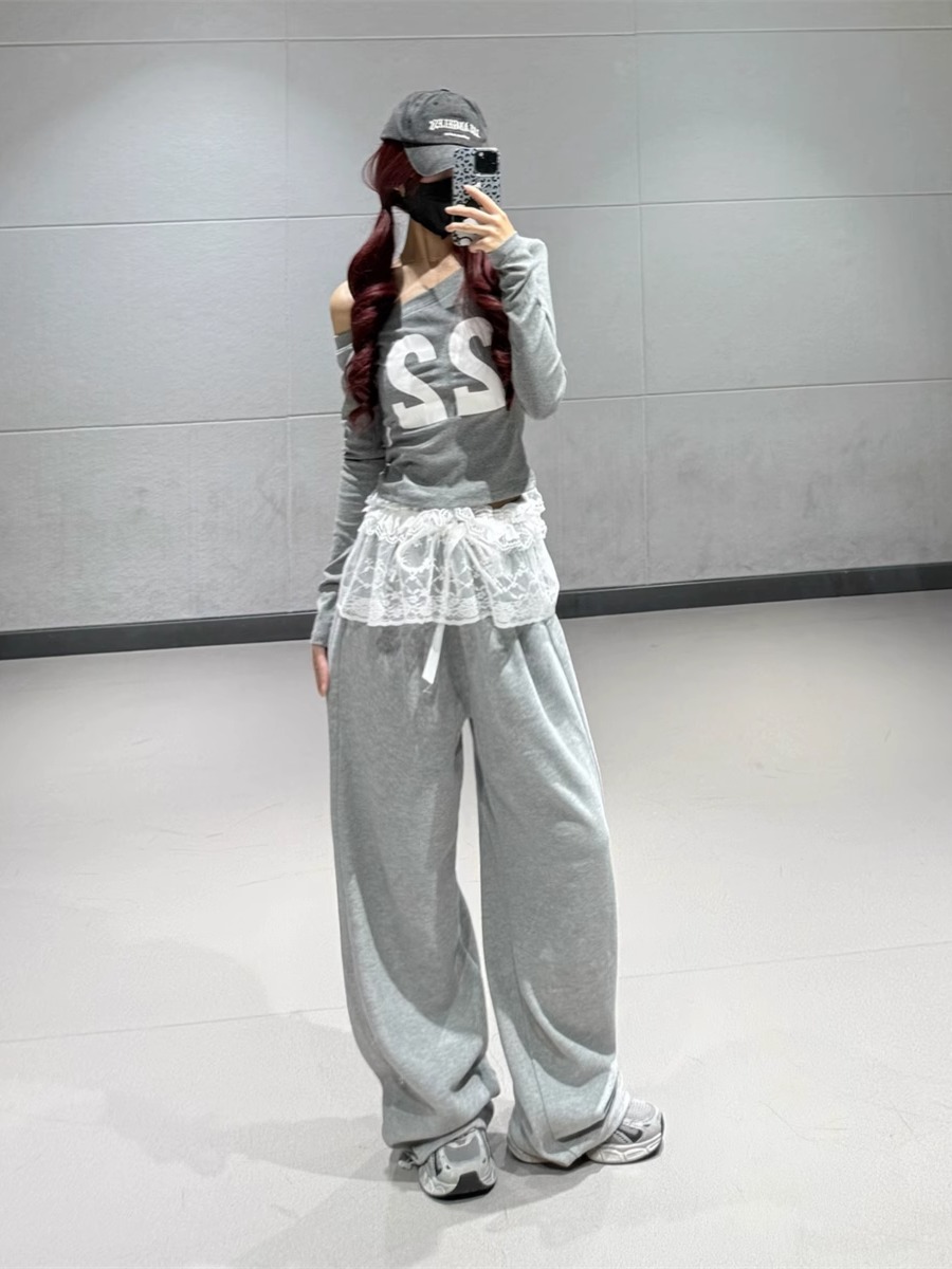 Off-Shoulder Letter Print Top with Slanted Shoulder and Lace Detail + Gray Jazz Dance Long Pants for Women Off-Shoulder Letter Print Top with Slanted Shoulder and Lace Detail + Gray Jazz Dance Long Pants for Women