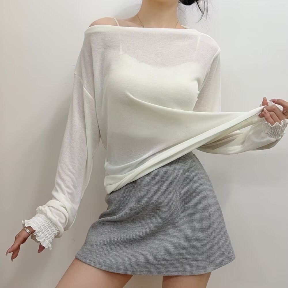 Off-Shoulder Long Sleeve Kpop Jazz Street Dance T-Shirt for Women - Thin Sun Protection Loose Fit Top Off-Shoulder Long Sleeve Kpop Jazz Street Dance T-Shirt for Women - Thin Sun Protection Loose Fit Top