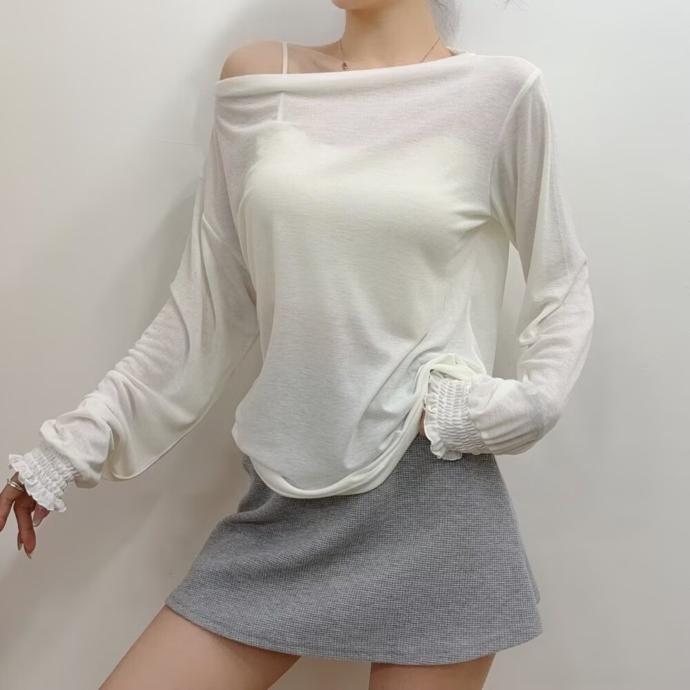 Off-Shoulder Long Sleeve Kpop Jazz Street Dance T-Shirt for Women - Thin Sun Protection Loose Fit Top Off-Shoulder Long Sleeve Kpop Jazz Street Dance T-Shirt for Women - Thin Sun Protection Loose Fit Top