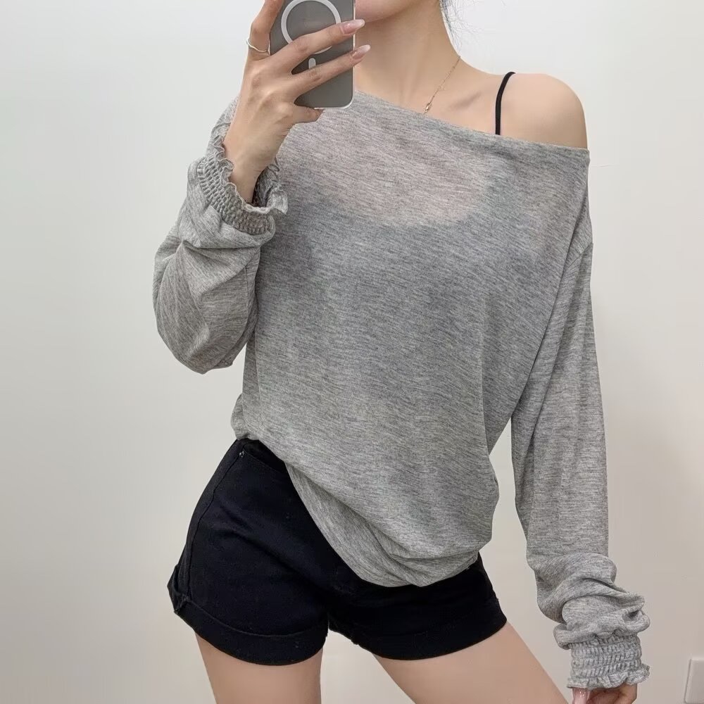 Off-Shoulder Long Sleeve Kpop Jazz Street Dance T-Shirt for Women - Thin Sun Protection Loose Fit Top