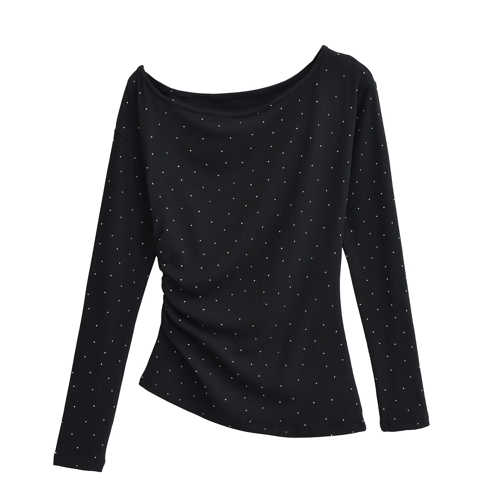 Off-Shoulder Rhinestone Long Sleeve T-Shirt for Women - Kpop Jazz American Style Slim-Fit Sexy Shoulder-Baring Top