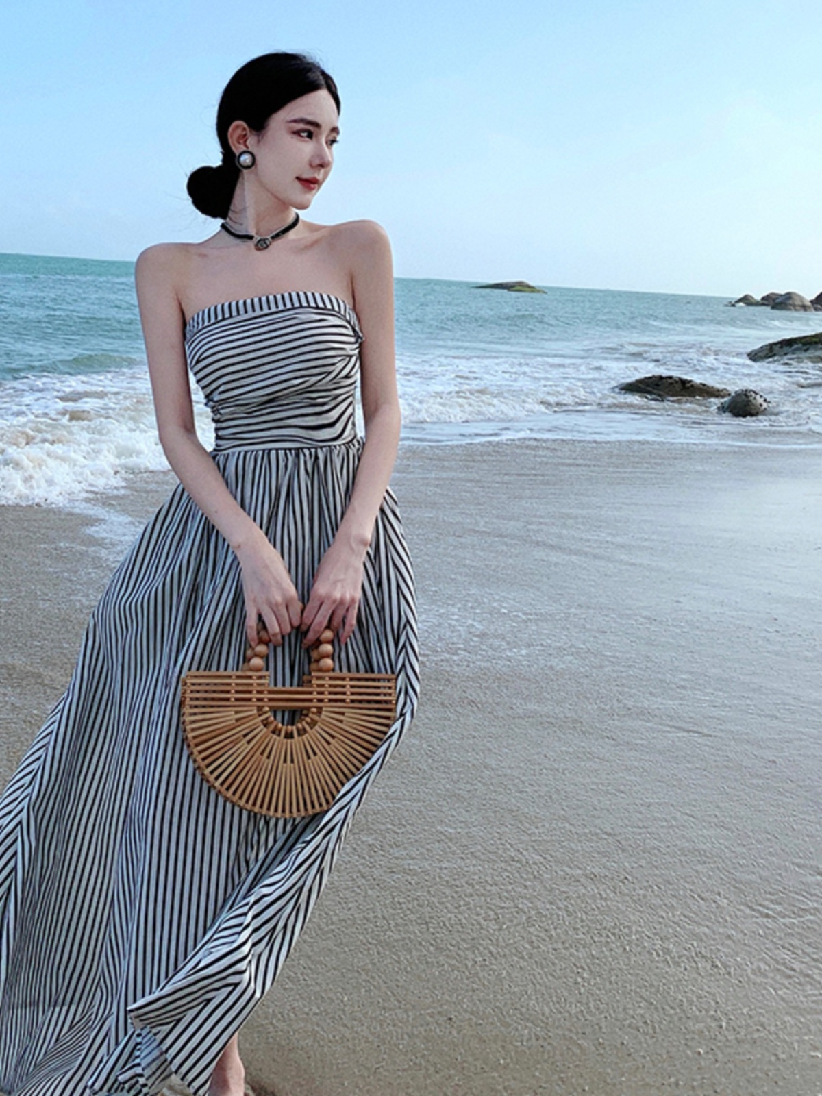 Off-Shoulder Ruched Fitted High-Waisted A-Line Striped Dress for Summer French Seaside Vacation