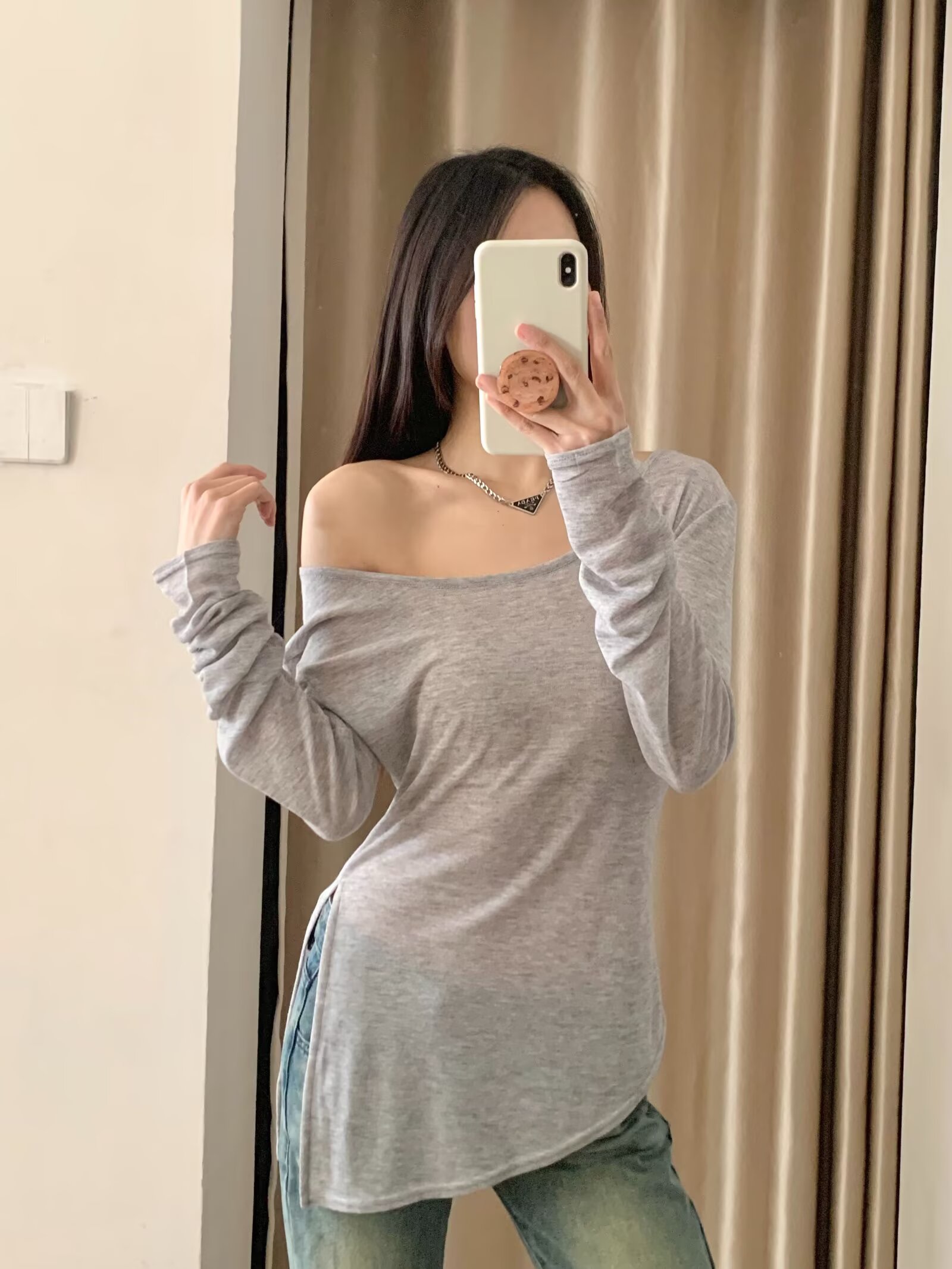 Off-Shoulder Sheer White Long Sleeve K-Pop Cover-Up Top for Women - Jazz Street Dance Style, Sun Protection, Sexy Fashion