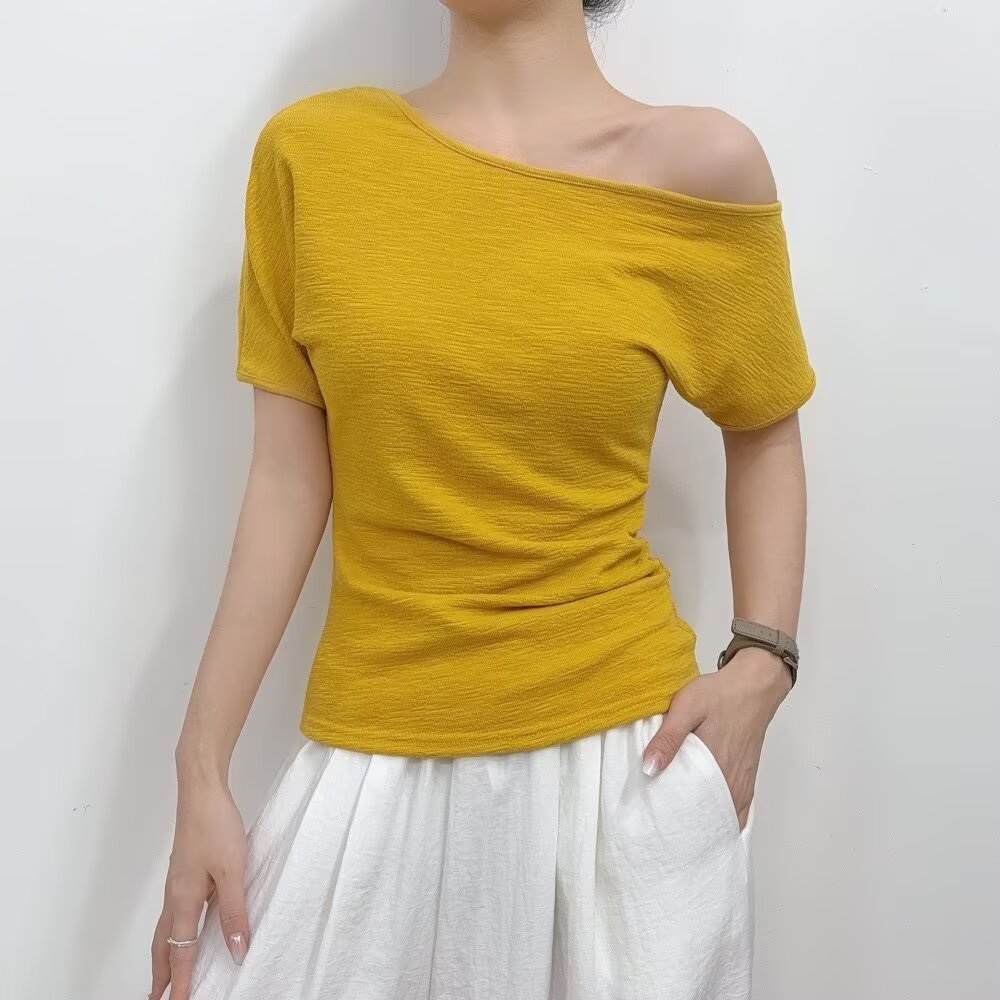 Off-Shoulder Short Sleeve T-Shirt for Women - Slim Fit Slanted Shoulder Design, 2025 Summer Style, Jazz Street Dance, Ins Aesthetic