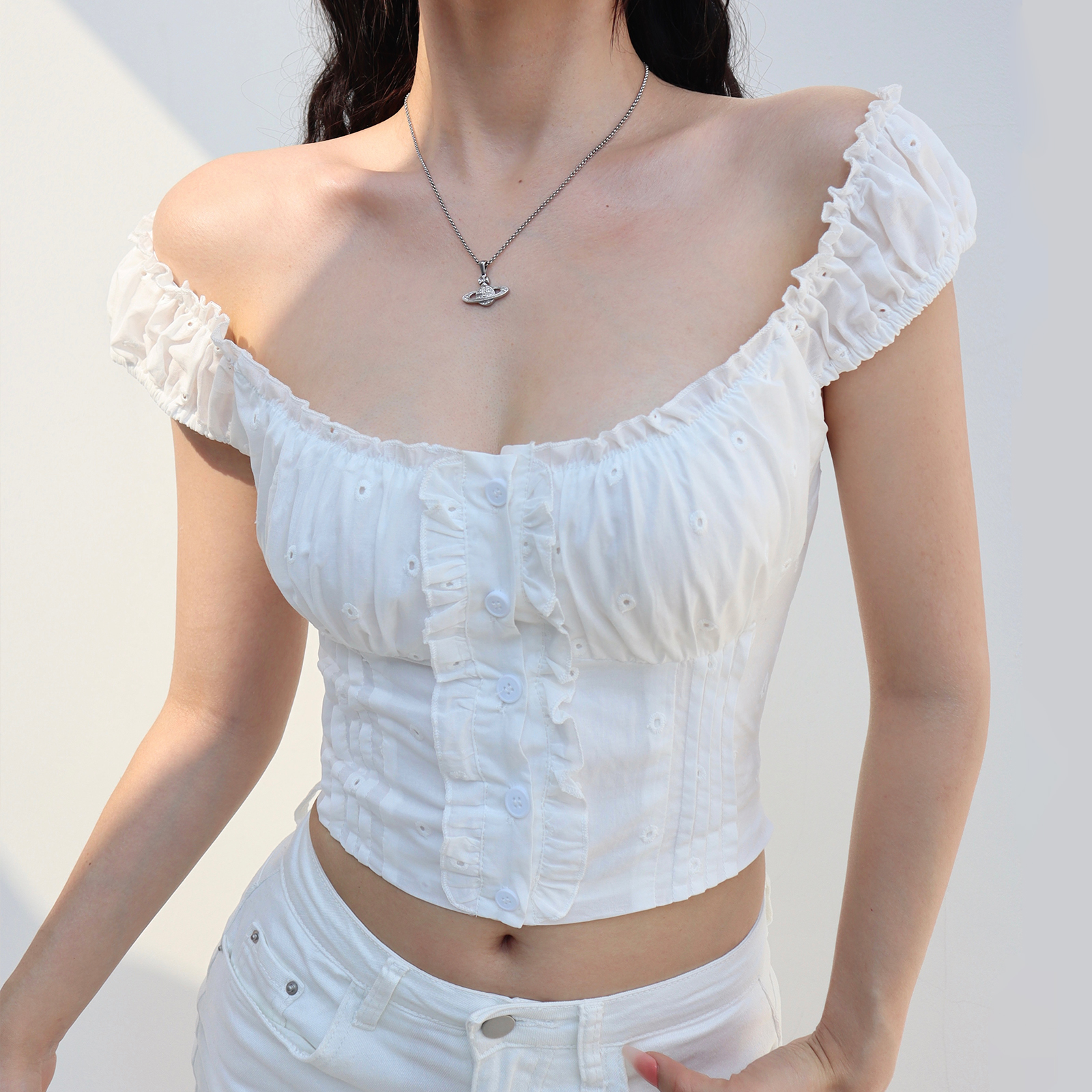 Off-Shoulder White Camisole with Exquisite Embroidered Lace Trim - Vintage French Style Top for Women