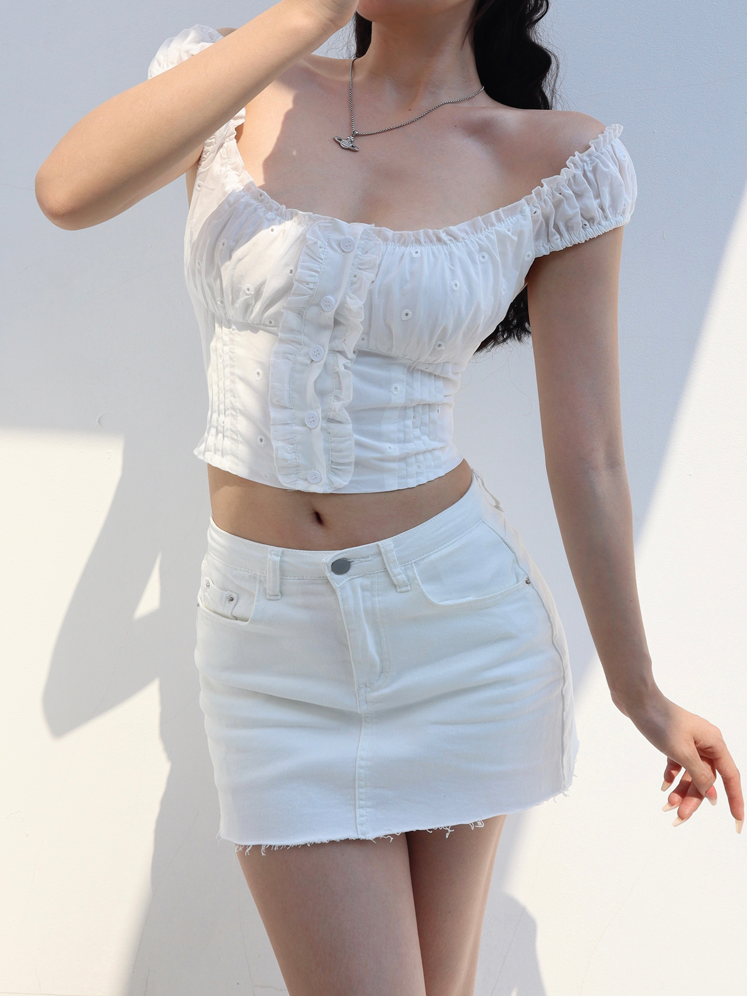 Off-Shoulder White Camisole with Exquisite Embroidered Lace Trim - Vintage French Style Top for Women Off-Shoulder White Camisole with Exquisite Embroidered Lace Trim - Vintage French Style Top for Women