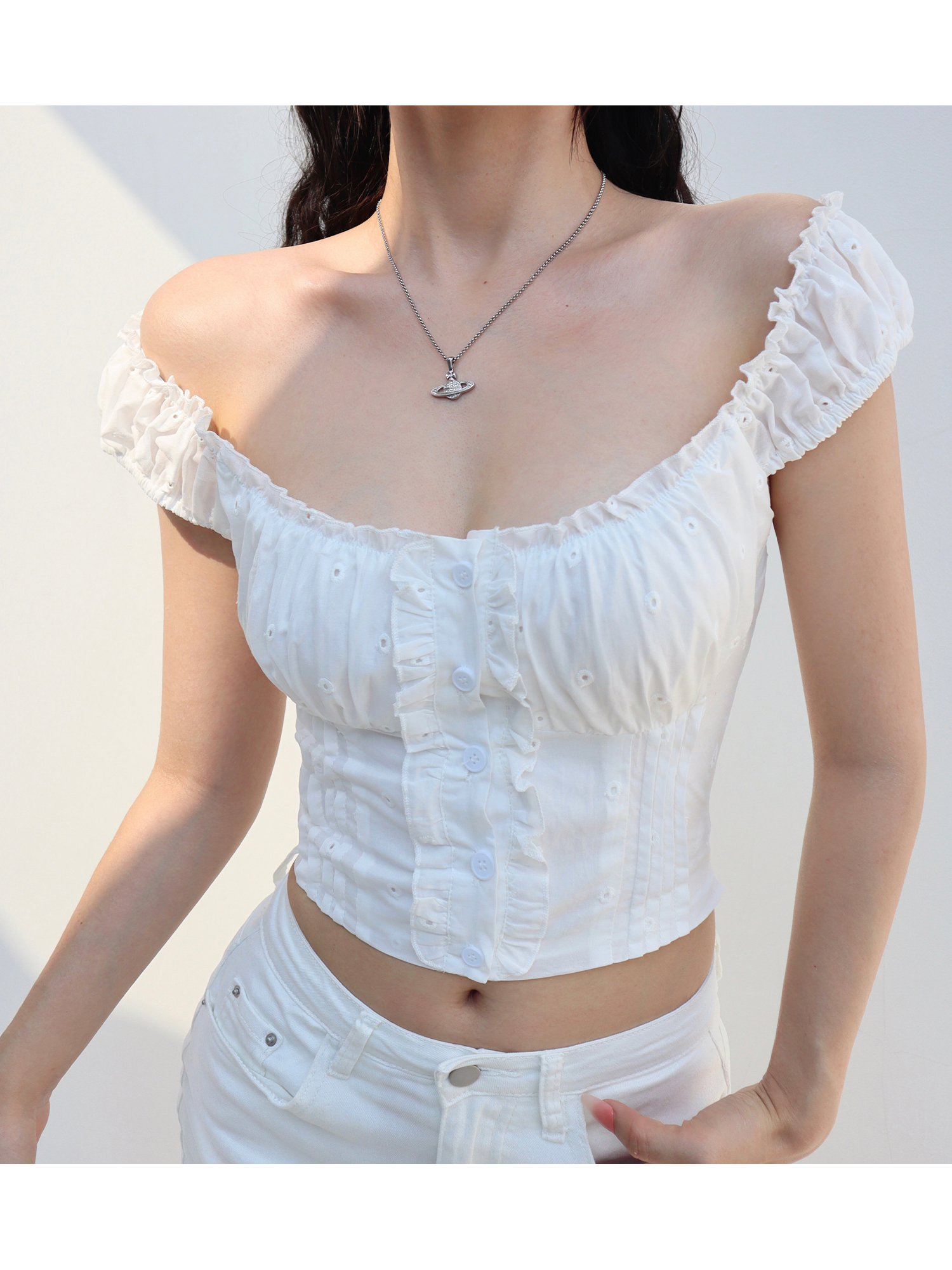 Off-Shoulder White Camisole with Exquisite Embroidered Lace Trim - Vintage French Style Top for Women