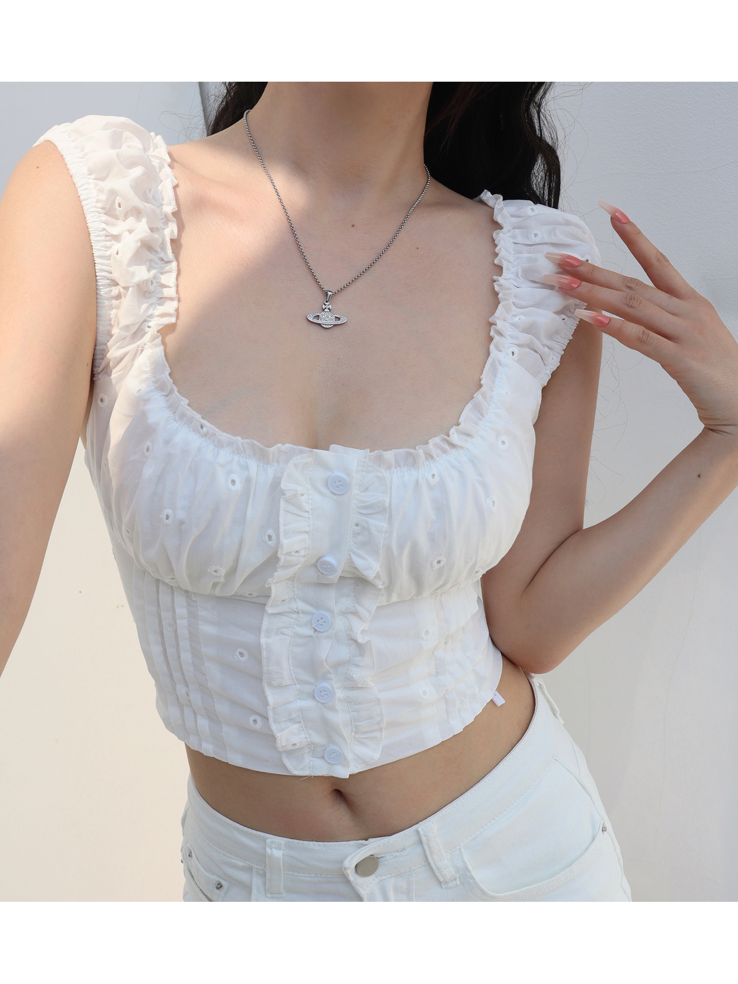 Off-Shoulder White Camisole with Exquisite Embroidered Lace Trim - Vintage French Style Top for Women Off-Shoulder White Camisole with Exquisite Embroidered Lace Trim - Vintage French Style Top for Women