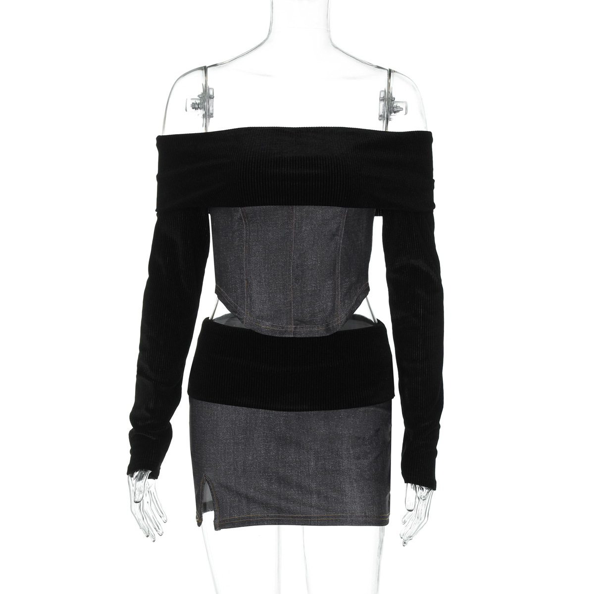 Off-the-Shoulder Long Sleeve Top and Bodycon Mini Skirt Two-Piece Set for Women - Early Autumn Fashion, Trendy & Stylish