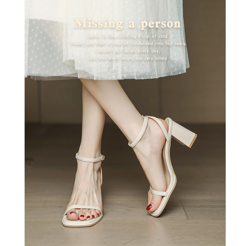 Off-White Chunky Heel One-Word Strap Sandals for Women - Summer 2025 Open-Toe Fairy Style Versatile High-End Footwear