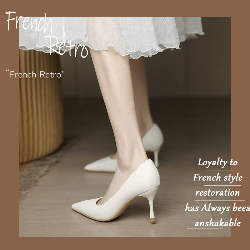 Off-White Elegant Pointed Toe Thin High Heels - 2025 French Soft Leather Flight Attendant Style for Women