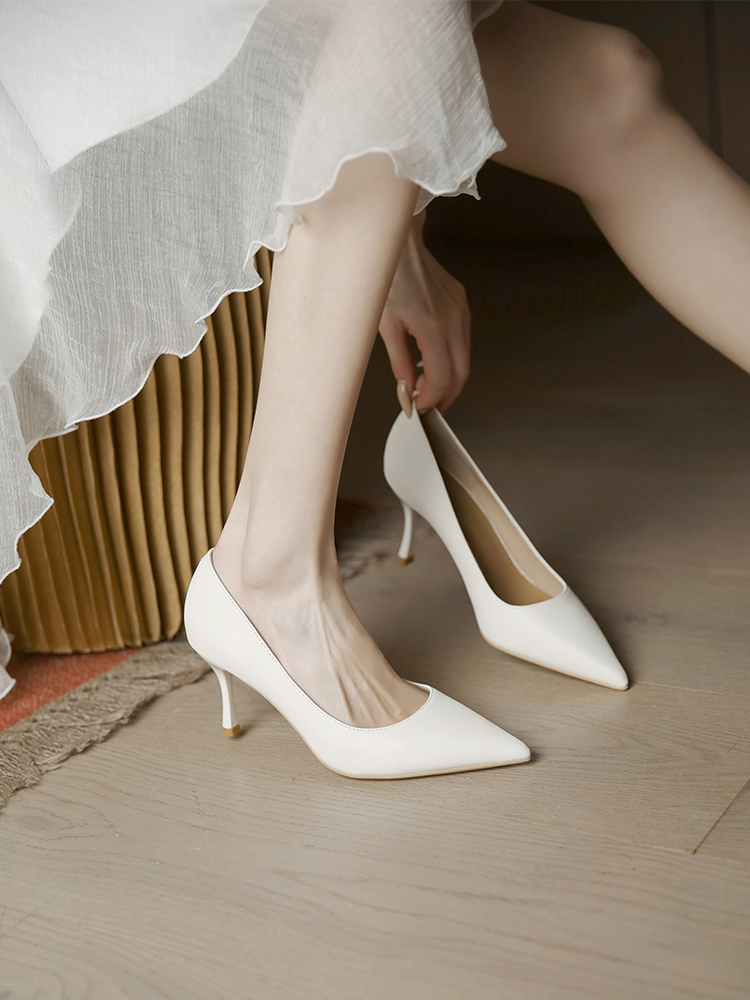 Off-White Elegant Pointed Toe Thin High Heels - 2025 French Soft Leather Flight Attendant Style for Women