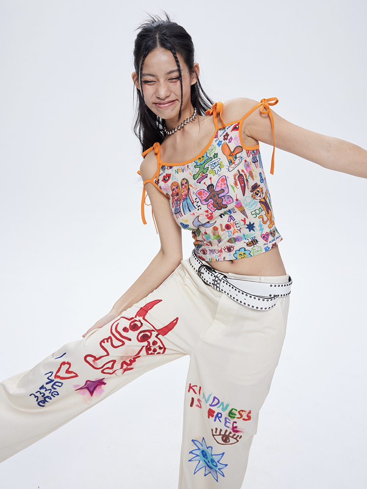 Off-White Little Devil Printed Casual Pants - Floor-Length Straight High-Waisted Jeans for Y2K and 90s Style Fashion Off-White Little Devil Printed Casual Pants - Floor-Length Straight High-Waisted Jeans for Y2K and 90s Style Fashion
