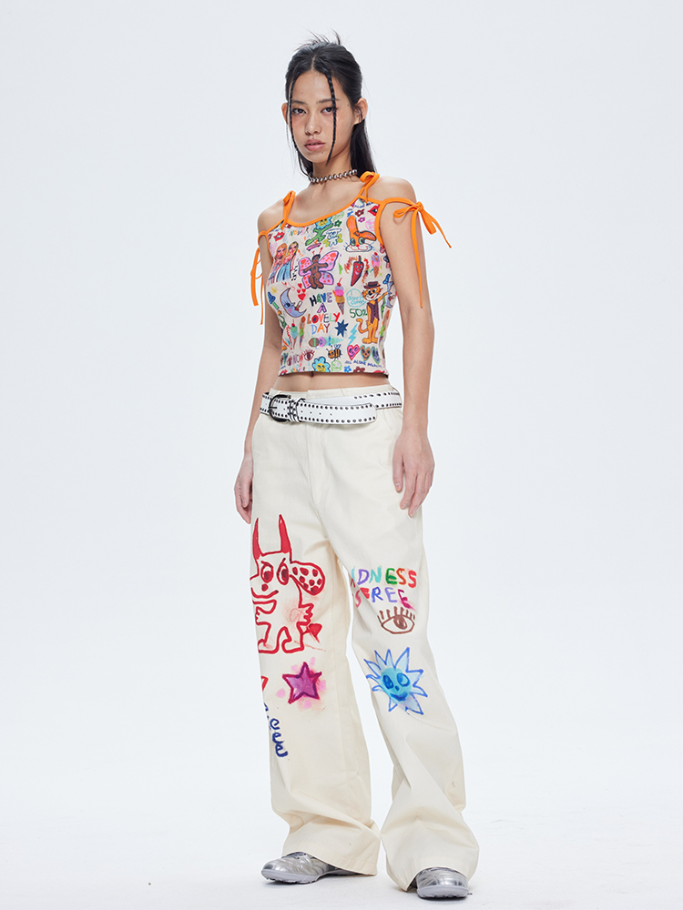 Off-White Little Devil Printed Casual Pants - Floor-Length Straight High-Waisted Jeans for Y2K and 90s Style Fashion