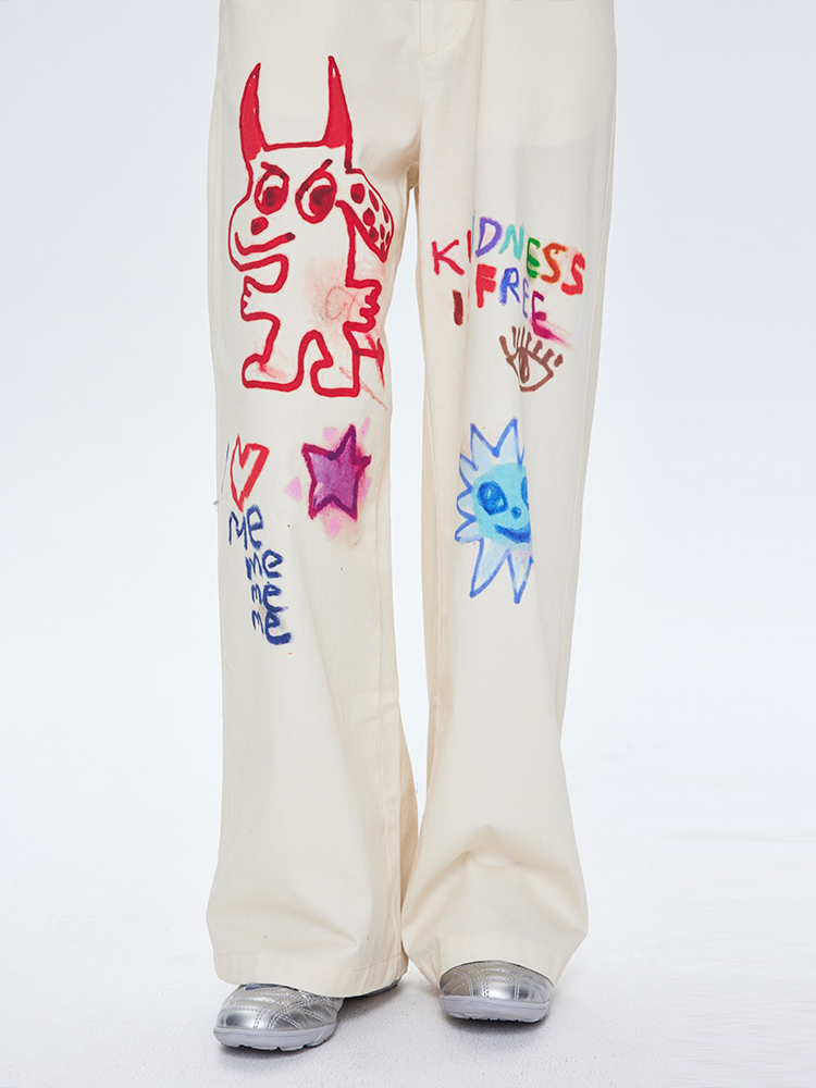 Off-White Little Devil Printed Casual Pants - Floor-Length Straight High-Waisted Jeans for Y2K and 90s Style Fashion Off-White Little Devil Printed Casual Pants - Floor-Length Straight High-Waisted Jeans for Y2K and 90s Style Fashion