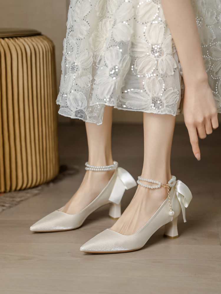 Off-White Pearl One-Strap French High Heels for Women - Stylish Bridesmaid Shoes for Spring 2025, Perfect for Daily Wear Off-White Pearl One-Strap French High Heels for Women - Stylish Bridesmaid Shoes for Spring 2025, Perfect for Daily Wear
