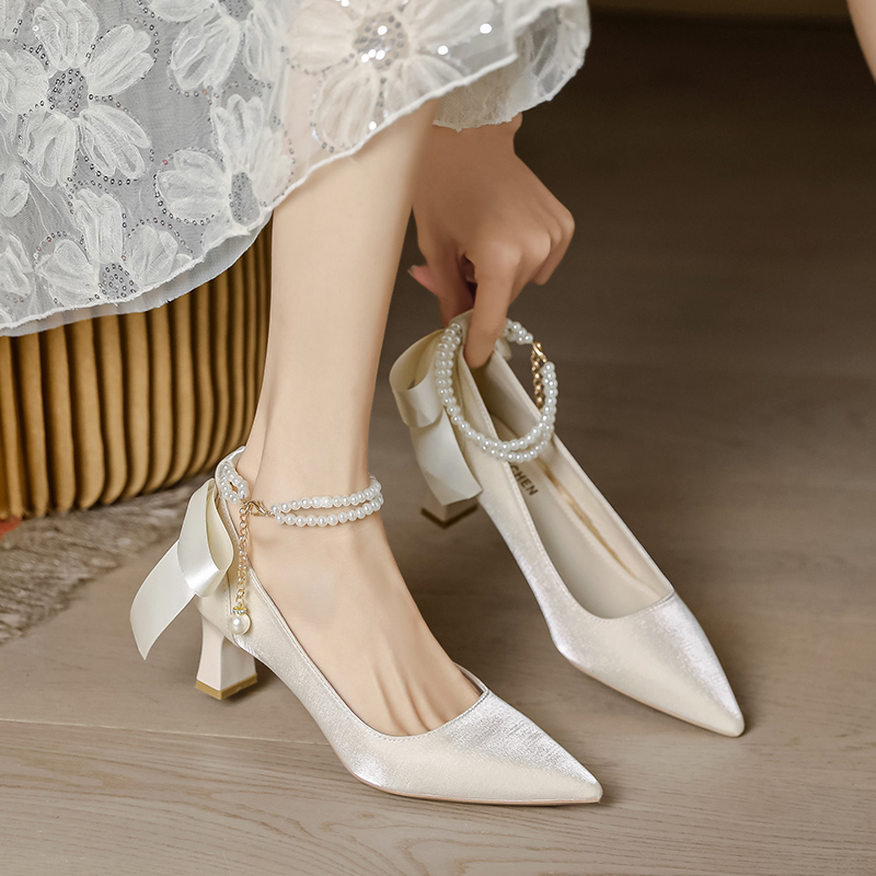Off-White Pearl One-Strap French High Heels for Women - Stylish Bridesmaid Shoes for Spring 2025, Perfect for Daily Wear
