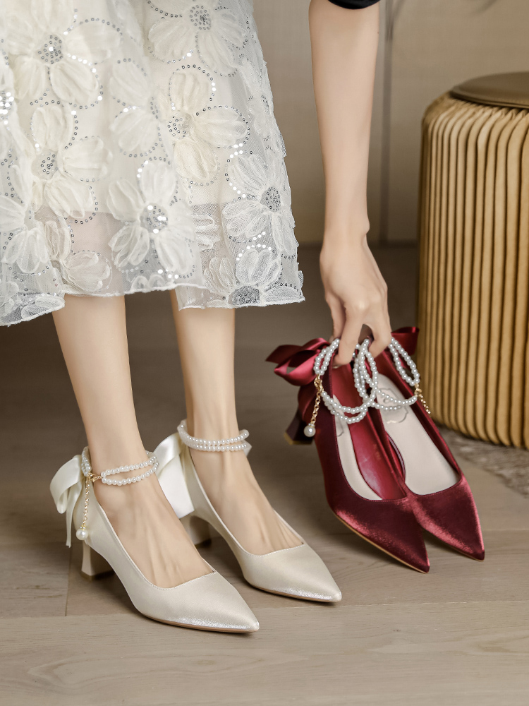 Off-White Pearl One-Strap French High Heels for Women - Stylish Bridesmaid Shoes for Spring 2025, Perfect for Daily Wear Off-White Pearl One-Strap French High Heels for Women - Stylish Bridesmaid Shoes for Spring 2025, Perfect for Daily Wear