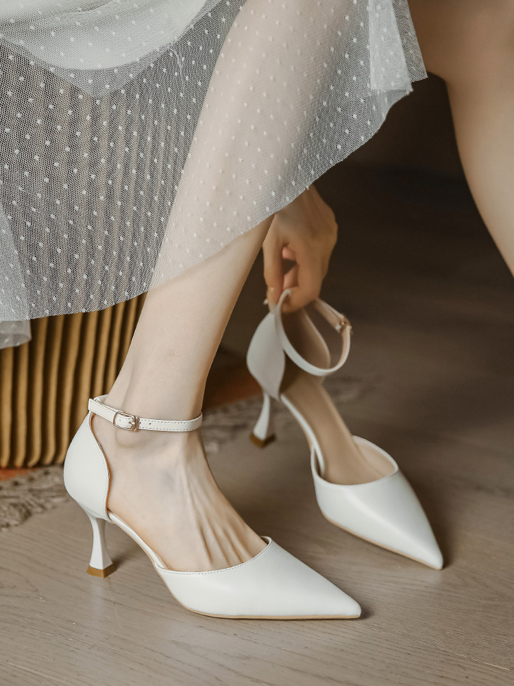 Off-White Pointed Toe High Heels for Women, Thin Heel One-Strap Design, Summer Hollow-Out Closed-Toe Versatile Style