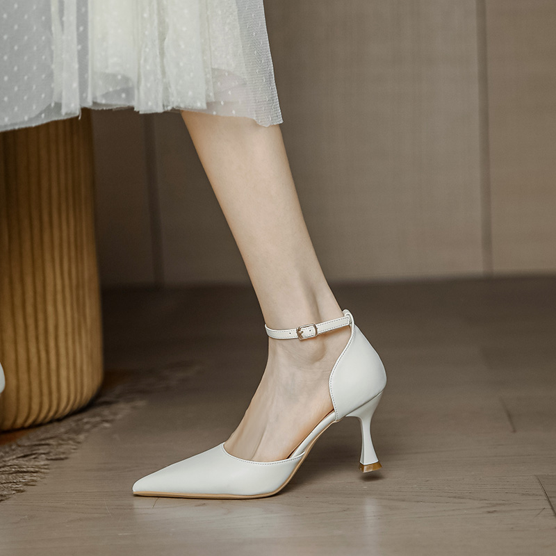 Off-White Pointed Toe High Heels for Women, Thin Heel One-Strap Design, Summer Hollow-Out Closed-Toe Versatile Style