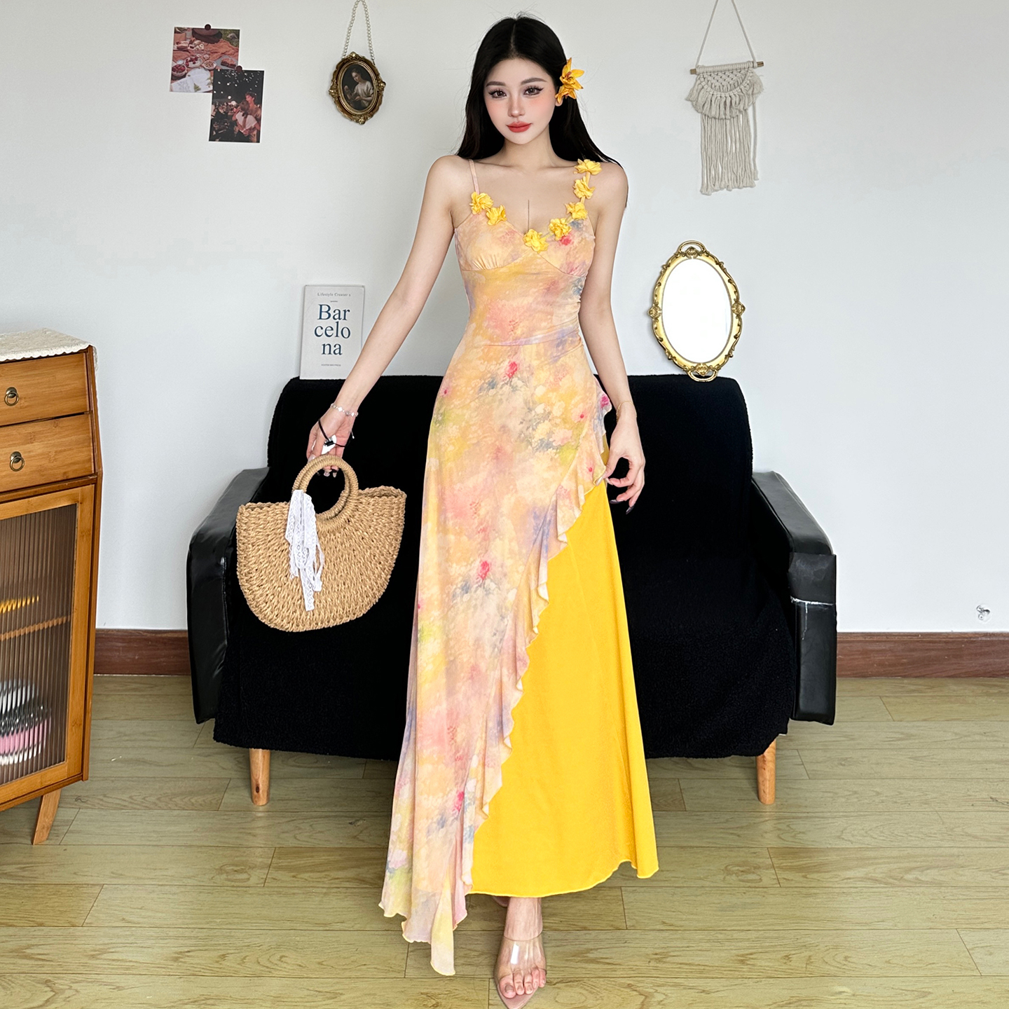 Oil Painting Effect Gradient Printed Lace Irregular Dress - High-Waisted Slim Fit Asymmetrical Spliced Long Skirt for Y2K Style
