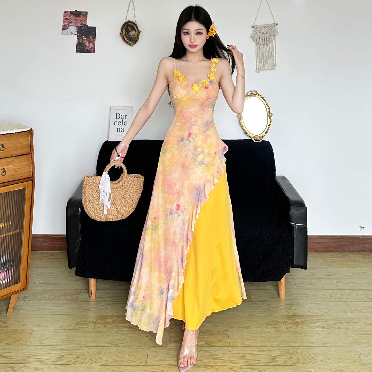 Oil Painting Effect Gradient Printed Lace Irregular Dress - High-Waisted Slim Fit Asymmetrical Spliced Long Skirt for Y2K Style Oil Painting Effect Gradient Printed Lace Irregular Dress - High-Waisted Slim Fit Asymmetrical Spliced Long Skirt for Y2K Style