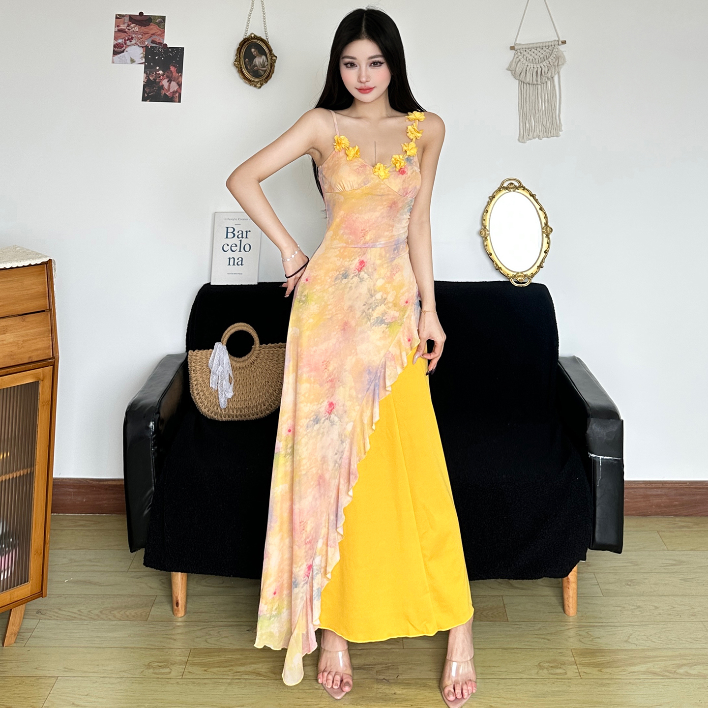 Oil Painting Effect Gradient Printed Lace Irregular Dress - High-Waisted Slim Fit Asymmetrical Spliced Long Skirt for Y2K Style