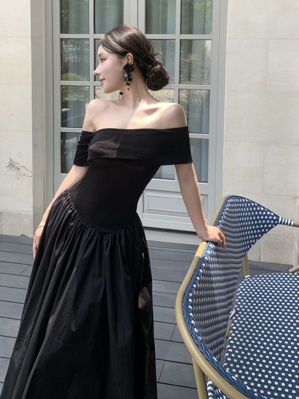 One-Shoulder Black Dress with Flowing Ribbon, Elegant Goddess Gown, Summer Slim Fit, French Hepburn Style, Maxi Dress for Women
