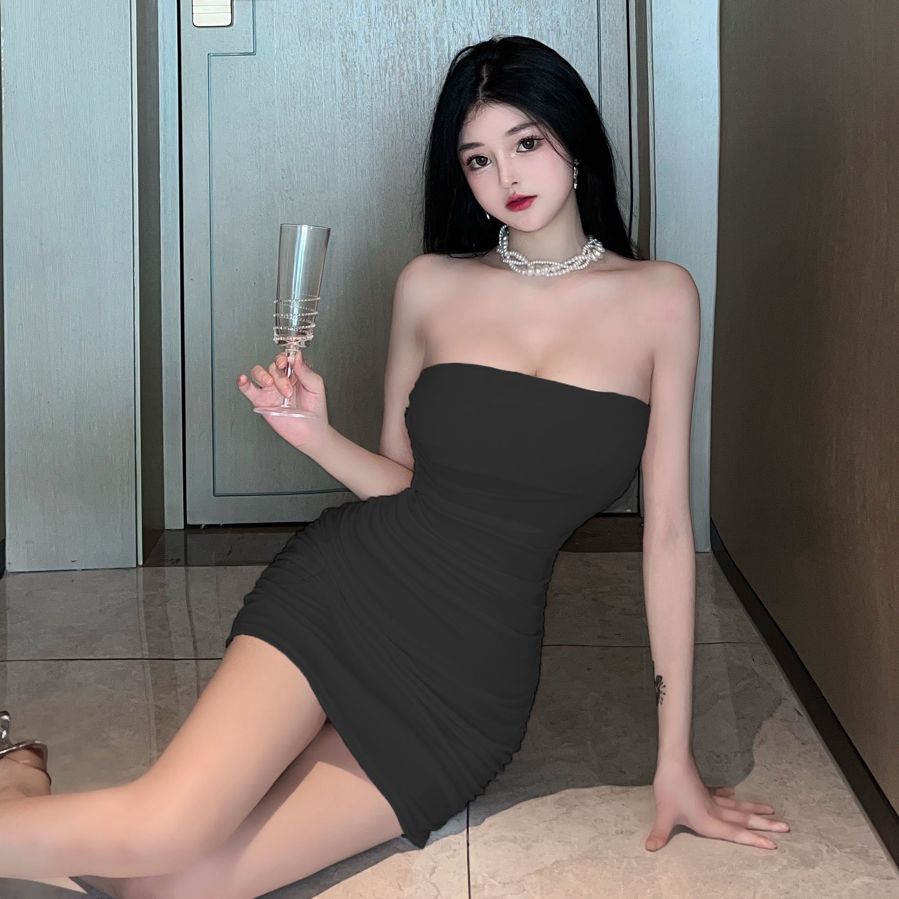 One-Shoulder Bodycon Dress - Slim Fit Strapless Black Dress for Summer - Sexy Wrap Style with Short Skirt One-Shoulder Bodycon Dress - Slim Fit Strapless Black Dress for Summer - Sexy Wrap Style with Short Skirt