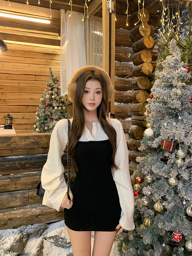 One-Shoulder Color-Blocking Bodycon Dress for Women - Slim-Fit Knitted Autumn Winter Skirt - Chic Casual Fashion