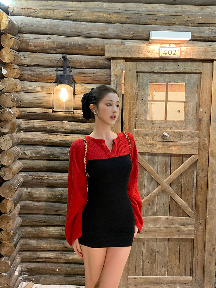 One-Shoulder Color-Blocking Bodycon Dress for Women - Slim-Fit Knitted Autumn Winter Skirt - Chic Casual Fashion One-Shoulder Color-Blocking Bodycon Dress for Women - Slim-Fit Knitted Autumn Winter Skirt - Chic Casual Fashion