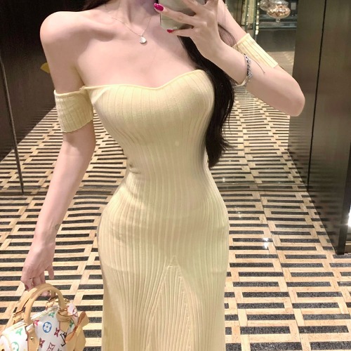 One-Shoulder Knitted Bodycon Dress for Women - French Style Summer Vacation Dress with Waist-Cinching Design, Sexy & Elegant