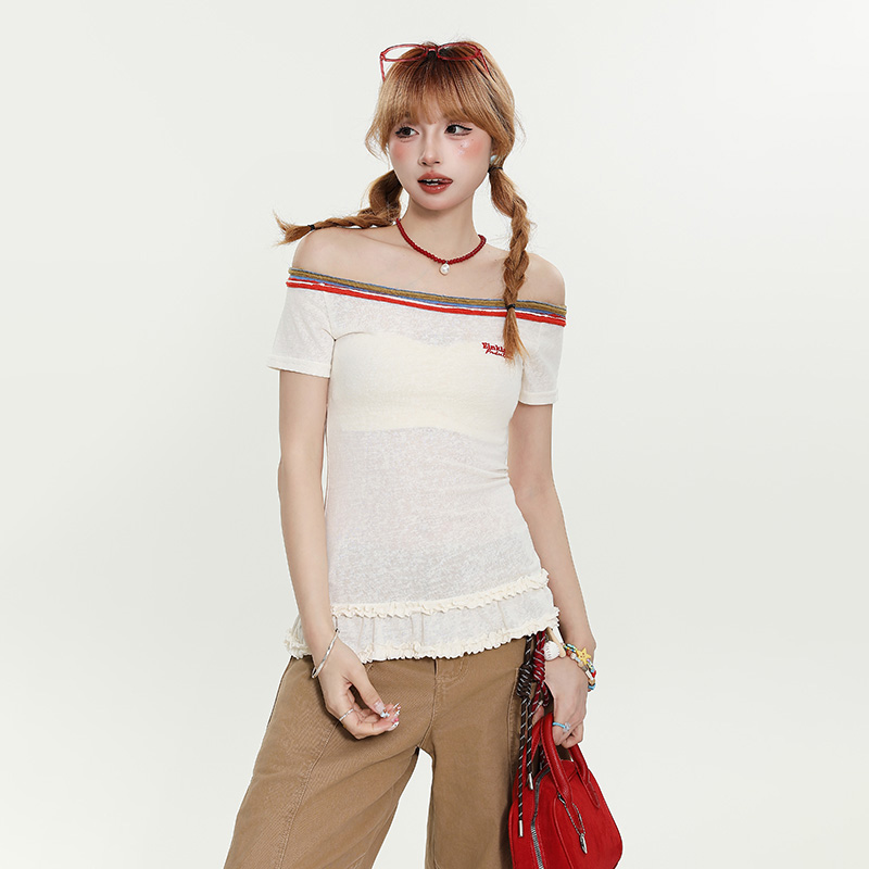 One-Shoulder Lace Hem Short Sleeve T-Shirt for Women - Slim Fit, Slightly Sheer Summer Top in Sweet Wind Style