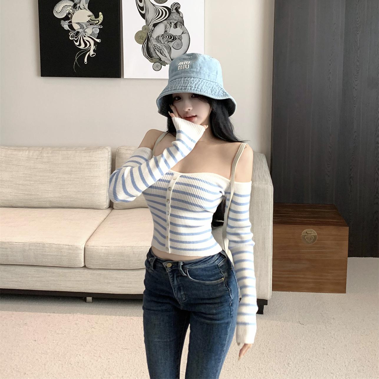 One-Shoulder Long Sleeve Knitted Cropped Top in Sunlight Island Blue & White Stripes - Slim Fit, Flattering Design, Trendy Y2K Style One-Shoulder Long Sleeve Knitted Cropped Top in Sunlight Island Blue & White Stripes - Slim Fit, Flattering Design, Trendy Y2K Style