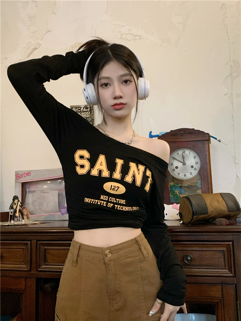 One-Shoulder Long Sleeve T-Shirt for Women - Y2K Slim-Fit Jazz Top for Autumn, Spicy Girl Style
