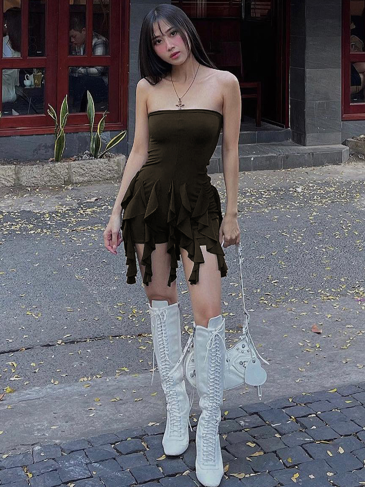 One-Shoulder Strapless Dress for Women 2025 - High-Waisted Slimming Color-Blocking Flowy Ribbon Solid Short Skirt, European Style One-Shoulder Strapless Dress for Women 2025 - High-Waisted Slimming Color-Blocking Flowy Ribbon Solid Short Skirt, European Style