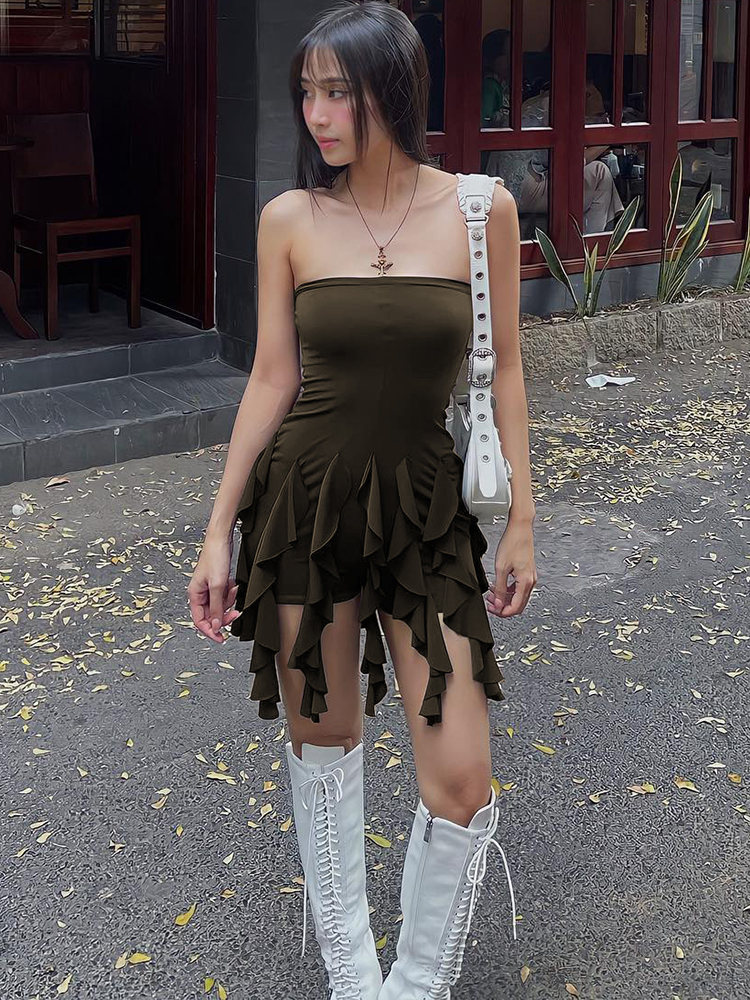 One-Shoulder Strapless Dress for Women 2025 - High-Waisted Slimming Color-Blocking Flowy Ribbon Solid Short Skirt, European Style One-Shoulder Strapless Dress for Women 2025 - High-Waisted Slimming Color-Blocking Flowy Ribbon Solid Short Skirt, European Style