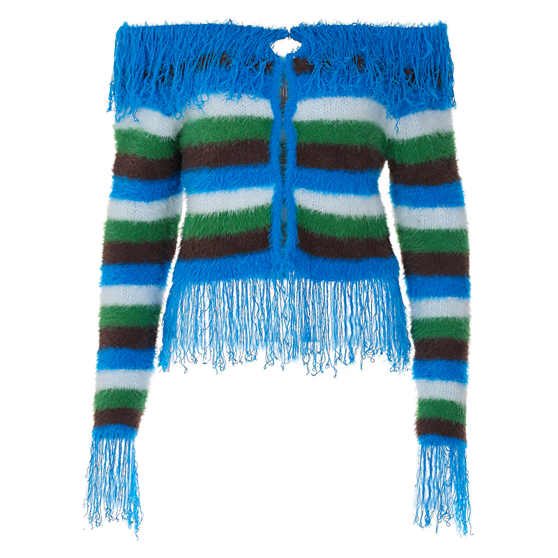 One-Shoulder Striped Long Sleeve Top with Furry Patchwork | Sexy Slim-Fit Women's Jacket | European and American Instagram Style