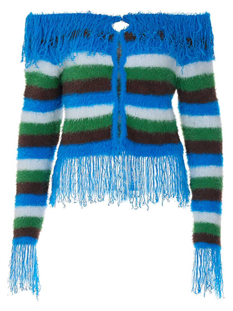 One-Shoulder Striped Long Sleeve Top with Furry Patchwork | Sexy Slim-Fit Women's Jacket | European and American Instagram Style One-Shoulder Striped Long Sleeve Top with Furry Patchwork | Sexy Slim-Fit Women's Jacket | European and American Instagram Style