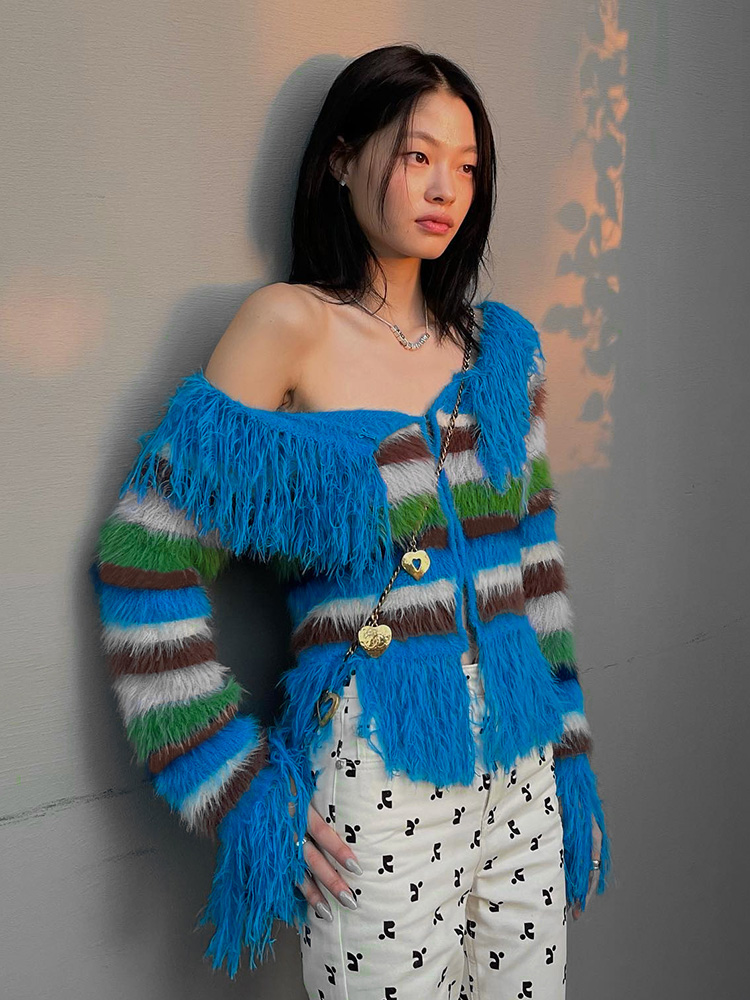 One-Shoulder Striped Long Sleeve Top with Furry Patchwork | Sexy Slim-Fit Women's Jacket | European and American Instagram Style