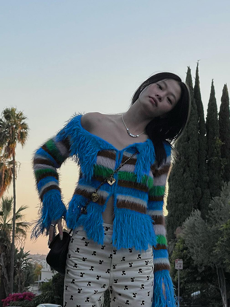 One-Shoulder Striped Long Sleeve Top with Furry Patchwork | Sexy Slim-Fit Women's Jacket | European and American Instagram Style One-Shoulder Striped Long Sleeve Top with Furry Patchwork | Sexy Slim-Fit Women's Jacket | European and American Instagram Style