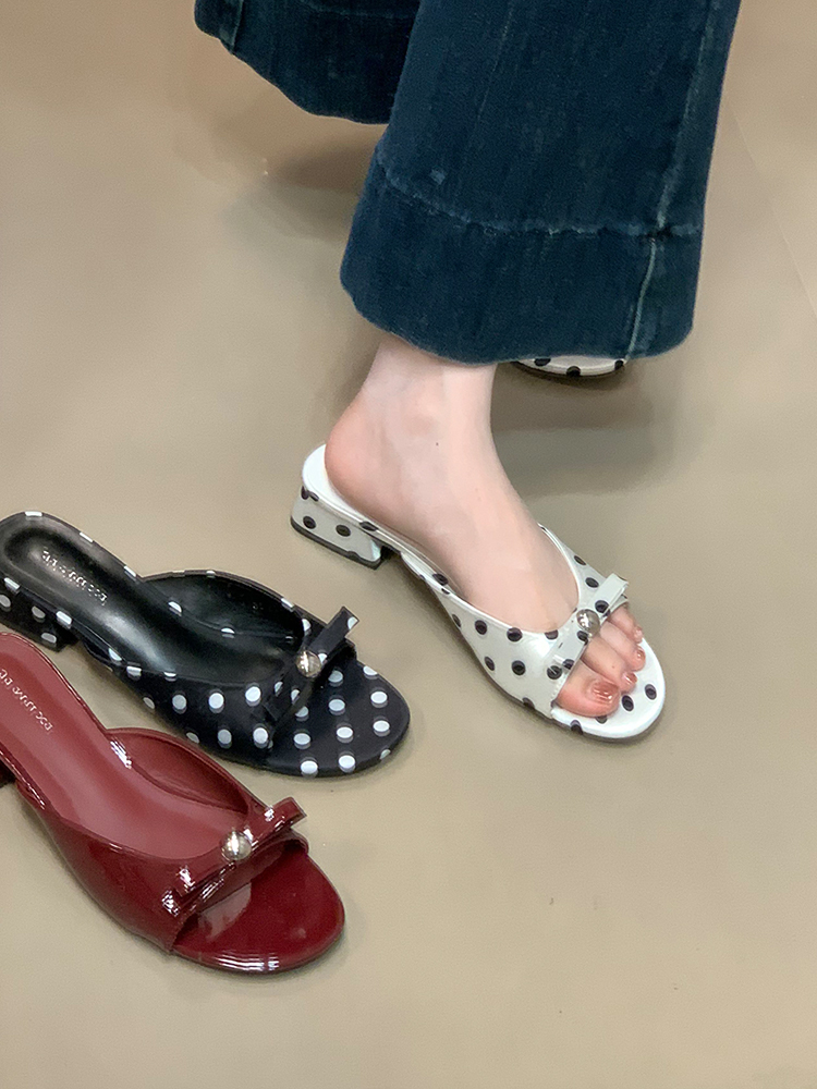 One-Strap Polka Dot Sandals with Bow - Low-Heeled Comfortable Summer Shoes for Outdoor Commuting