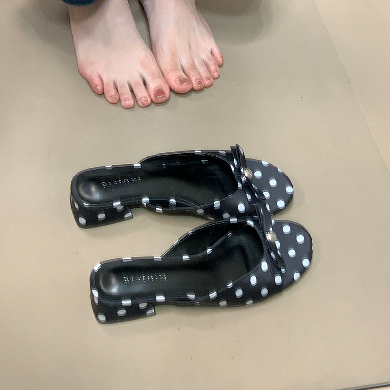 One-Strap Polka Dot Sandals with Bow - Low-Heeled Comfortable Summer Shoes for Outdoor Commuting