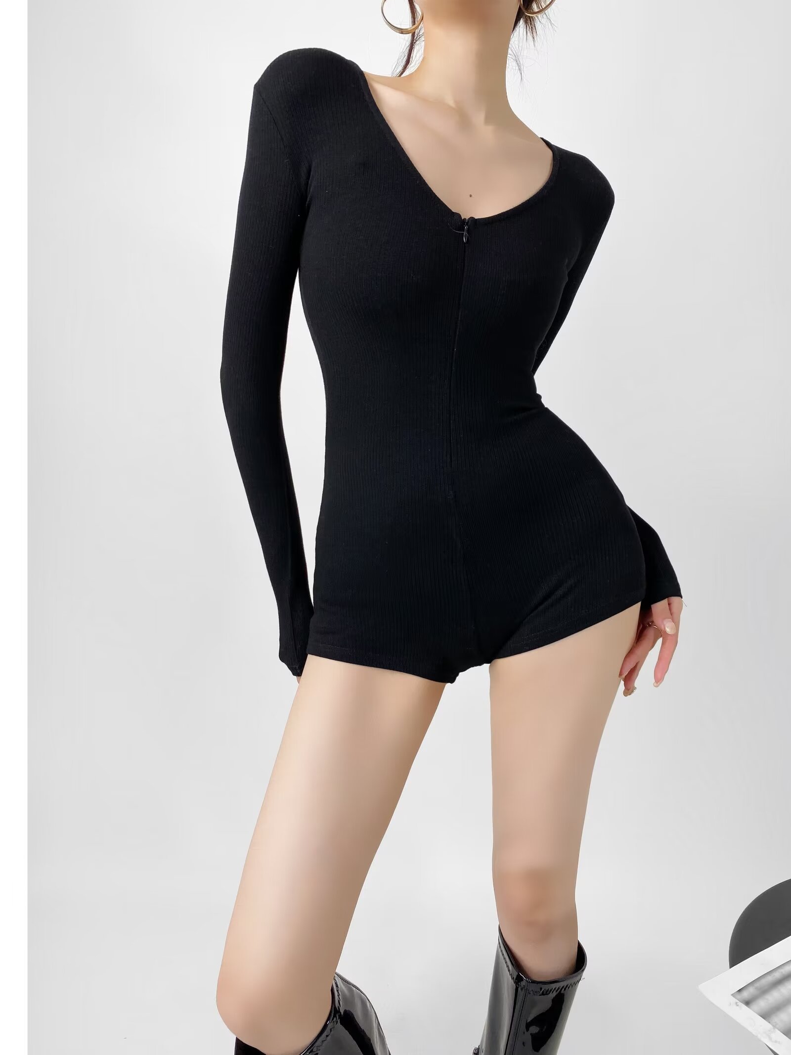 Open Collar Zipper Long Sleeve Shorts Jumpsuit for Women - European American Style Dance Fitness Yoga Activewear