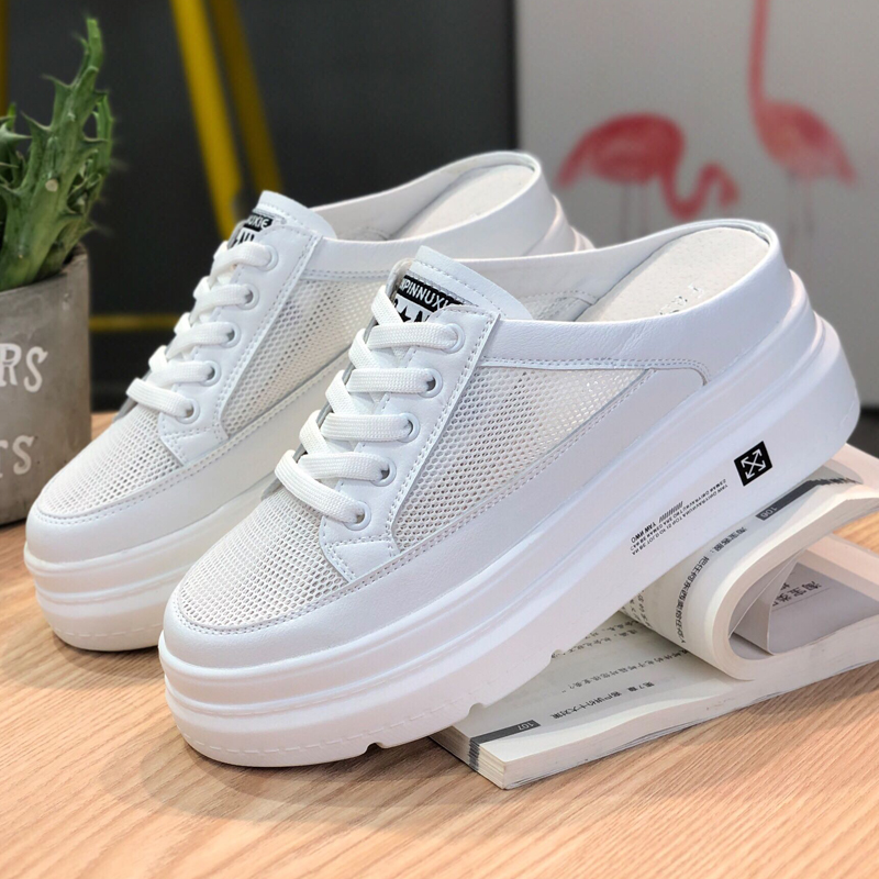 Open-Toe Genuine Leather Slippers for Women, Breathable Mesh Casual Shoes, 7CM Thick-Soled Platform White Half-Slippers for Summer 2025