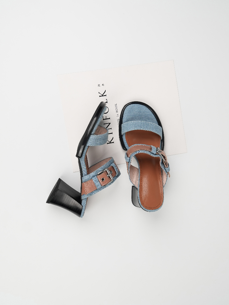 Open-Toe One-Strap High-Heeled Sandals for Women - Fashionable Denim Half-Slippers, Elegant Summer Outdoor Style Open-Toe One-Strap High-Heeled Sandals for Women - Fashionable Denim Half-Slippers, Elegant Summer Outdoor Style