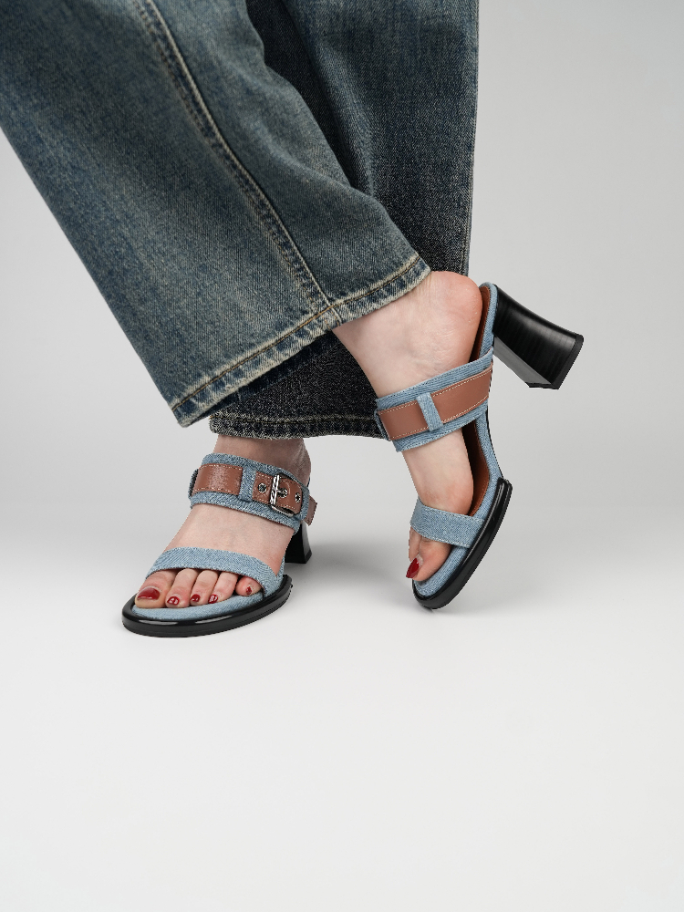 Open-Toe One-Strap High-Heeled Sandals for Women - Fashionable Denim Half-Slippers, Elegant Summer Outdoor Style